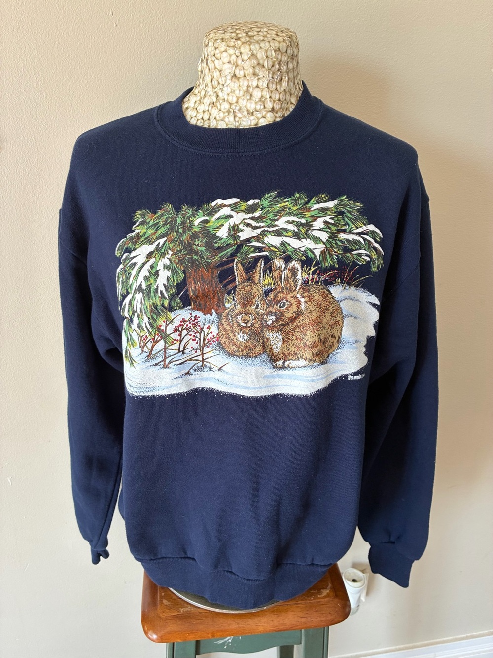 Vintage 90s Navy Blue Crewneck Sweater with Winter Bunny Graphic